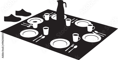 Table setting vector silhouette illustration line art with plates cups and picnic blanket