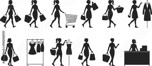 Black silhouette collection of women shopping with bags and cart plus clothing rack and retail cashier isolated on white background