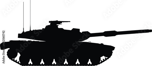 Black silhouette of a heavy armored battle tank with long cannon and antennas isolated on white background for military design