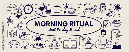 Morning ritual daily routine, breakfast coffee time, start the day well, lifestyle habits, morning motivation, wellness concept, home life illustration
