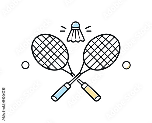 Friendly sports match between two players aimed at building social connection and improving physical agility in leisure time, two crossed badminton rackets with a small shuttlecock