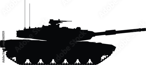 Black silhouette of a modern main battle tank with rotating turret and long gun barrel isolated on white background vector