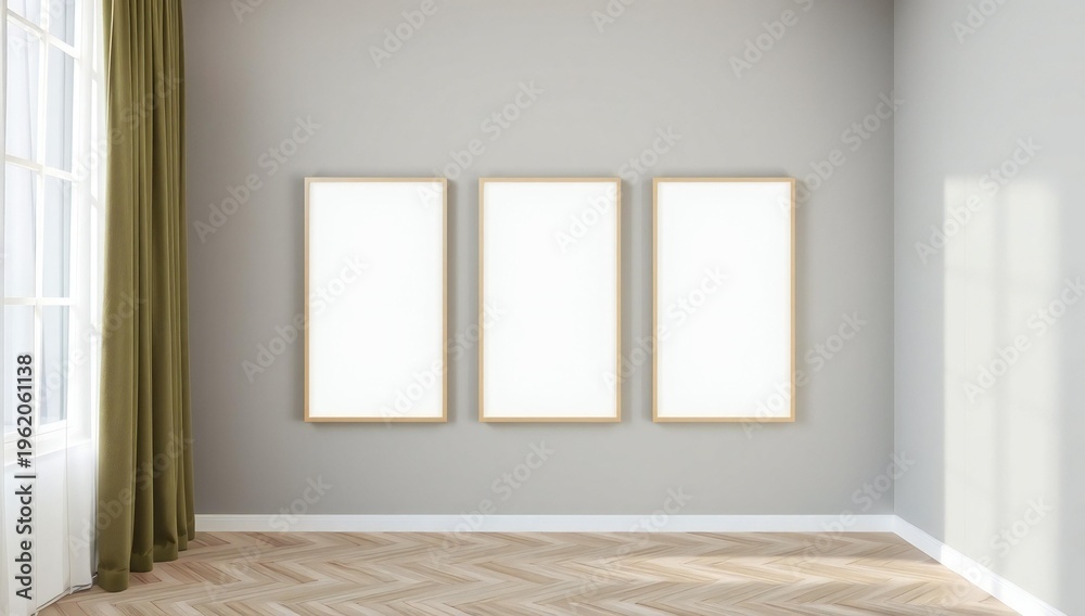 Fototapeta premium Minimalist room with three empty frames