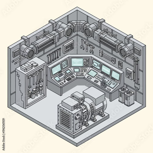 Isometric Illustration of a Control Room with Generator and Monitoring Systems.
