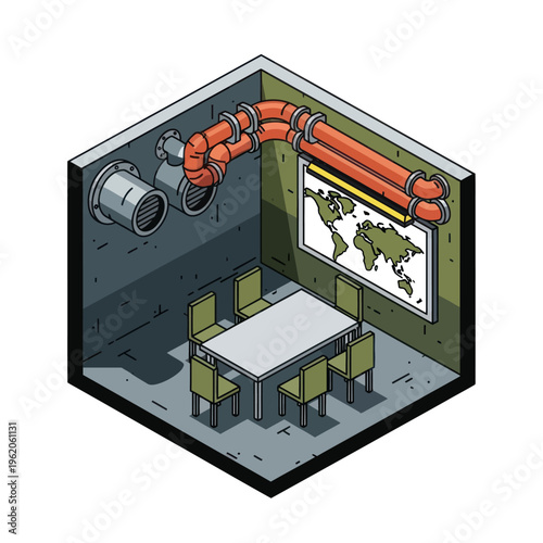 Isometric Meeting Room with World Map and Ventilation System.