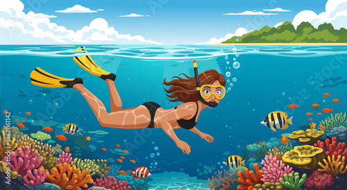 A vibrant vector illustration of a woman snorkeling over a colorful coral reef teeming with tropical fish, capturing the beauty of underwater exploration and summer vacation