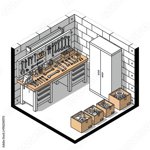 Isometric Workshop Interior with Tools and Storage.