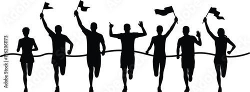 Black silhouette of male and female marathon runners crossing the finish line with flags and celebrating victory on white background