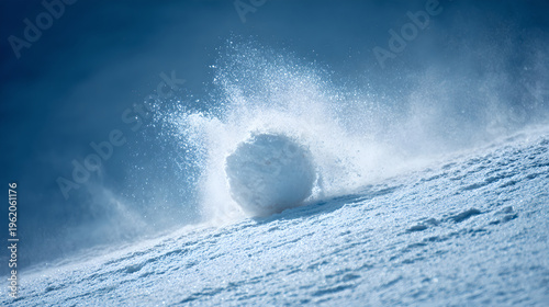A giant snowball rolling down a steep and snowy mountain slope rapidly
