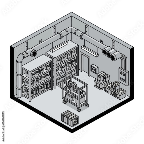 Isometric View of a Storage Room with Shelves and Boxes.