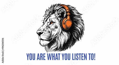 Modern Lion Head with Headphones against White Background, concept for social media advertising, music branding, and motivational posters.