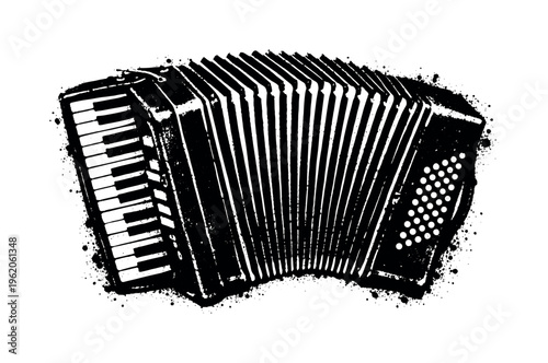 A vintage accordion shown in three-quarter perspective, slightly expanded so the bellows stretch across the frame while the keyboard and button side are both