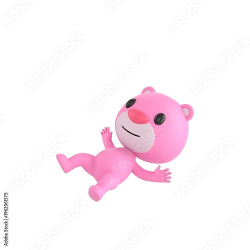 Billede på lærred Cute 3D render Pink Bear character slipping and falling, surprised and playful expression, dynamic mascot style, isolated on white background
