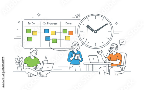 Freelancers organizing multiple projects and maintaining healthy workflow boundaries while coordinating deadlines in a calm home office setting, visual metaphor