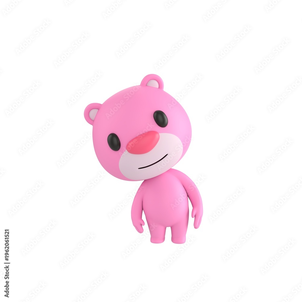 Fototapeta premium Cute 3D render Pink Bear character leaning slightly and looking at the camera with a curious expression, gentle and inquisitive mascot style, isolated on white background.