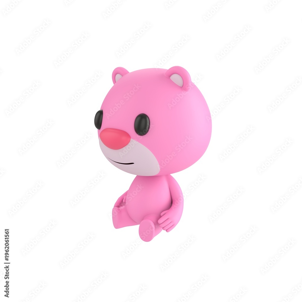 Fototapeta premium Cute 3D render Pink Bear character sitting on the ground, calm and relaxed mascot style, isolated on white background for waiting, resting, and digital design.
