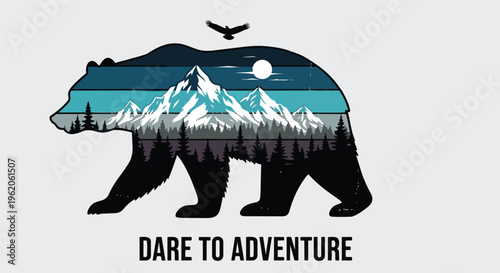 Modern Silhouette Bear with Scenic Adventure View against Gradient Background suitable for outdoor brand logos, travel campaigns, and adventure merchandise.