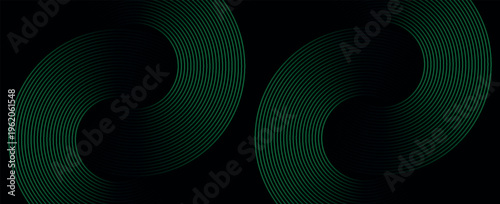 Abstract green glowing geometric lines on gray background. Modern shiny blue circle lines pattern. Futuristic technology concept. Suit for cover, poster, banner, brochure, header, eps 10