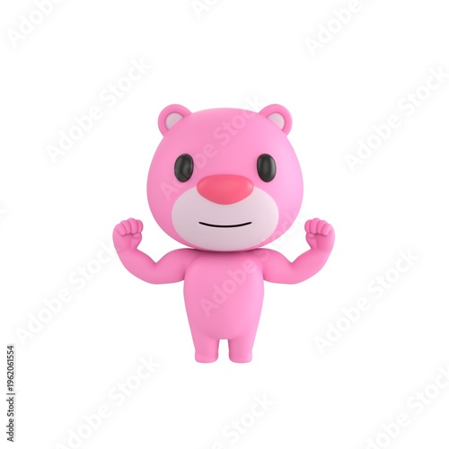 Fotografi Cute 3D render Pink Bear character flexing muscles to show strength, confident and powerful mascot style, isolated on white background