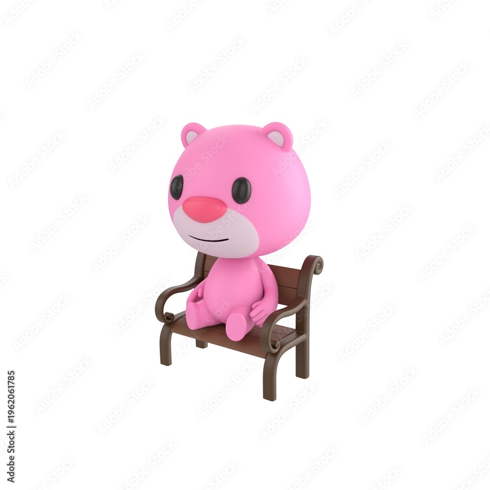 Fototapeta premium Cute 3D render Pink Bear character sitting calmly on a bench, relaxed and peaceful pose, isolated on white background.