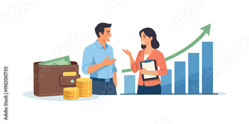 Personal finance management and smart budgeting in everyday business life, represented by a simplified wallet beside an upward growth chart and a single coin stack, showing