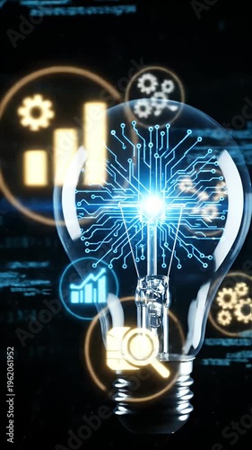 Glowing Light Bulb With AI Brain And Icons On Digital Data Background