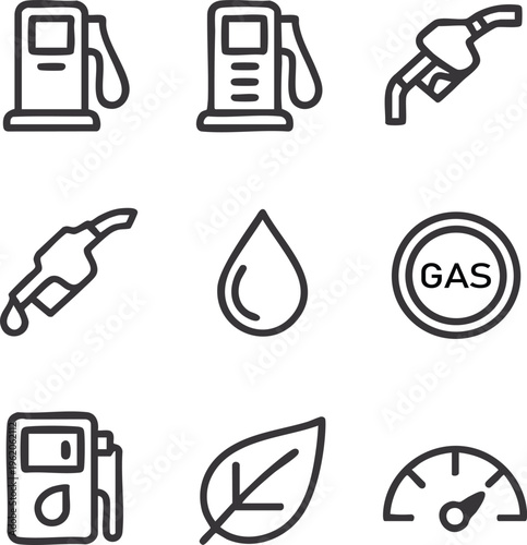 Collection of minimalist gas station and fuel icons simple line art design for automotive and energy concepts isolated on white background