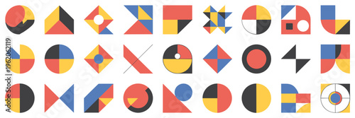 Bauhaus style geometric patterns and abstract icons – Ideal for modernist graphic design, artistic branding, or poster art.