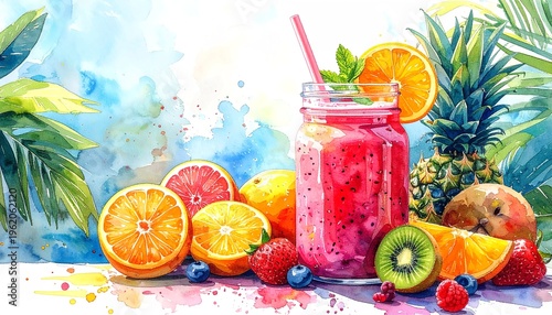 Vibrant Watercolor Painting of a Tropical Fruit Smoothie Jar with Pineapple Orange and Berries, Healthy Summer Drink Illustration on Colorful Splash Background for Kitchen Decor
