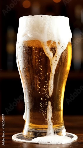 Golden Beer Pouring into Tall Glass Frothy Head Bubbles Refreshing Ale
