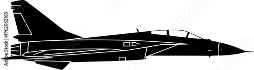 Solid black silhouette of a modern military fighter jet, minimalist aviation and air force combat aircraft vector illustration isolated on white.