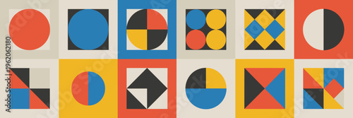 Bold Bauhaus shapes in red, blue, and yellow – Suitable for functional design themes, architectural icons, or art posters.