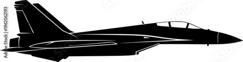 Solid black silhouette of a modern military fighter jet, minimalist aviation and air force combat aircraft vector illustration isolated on white.