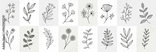 Organic botanical line art and wildflower icons – Suitable for natural lifestyle branding, craft packaging, or elegant stationery.