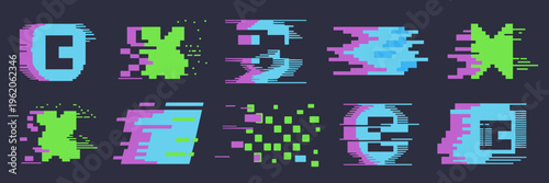 Neon digital distortion icons and pixelated glitches – Great for data breach concepts, futuristic web design, or glitch art.