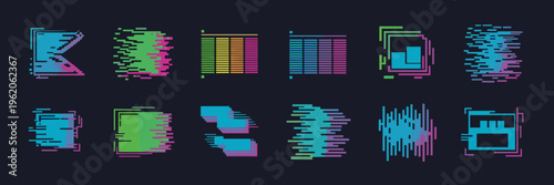 Digital glitch artifacts and neon scan line icons – Suitable for tech malfunction visuals, electronic music art, or gaming assets.