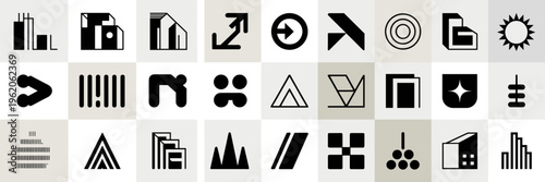Neubrutalist bold geometric shapes and icon sheet – Ideal for avant-garde branding, modern web design, or architectural art.
