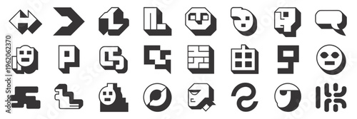 Chunky black and white geometric neubrutalist icons – Suitable for modern interface design, raw aesthetic branding, or art.
