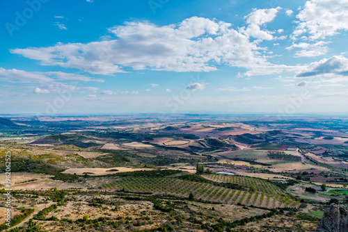 Panoramic view at day of the Huesca Province landscape in Aragon Region, Spain showing agriculture fields