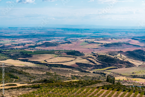 Panoramic view at day of the Huesca Province landscape in Aragon Region, Spain showing agriculture fields