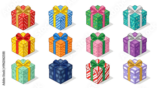 Isometric Gift Box Vector Set 3D Present Collection with Different Wrapping Patterns for E-commerce Shopping and Holiday Celebration