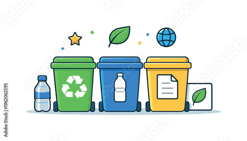 Recycling habit influenced by growing environmental awareness and cultural responsibility toward waste sorting, separate bins paired with a small bottle and a paper element