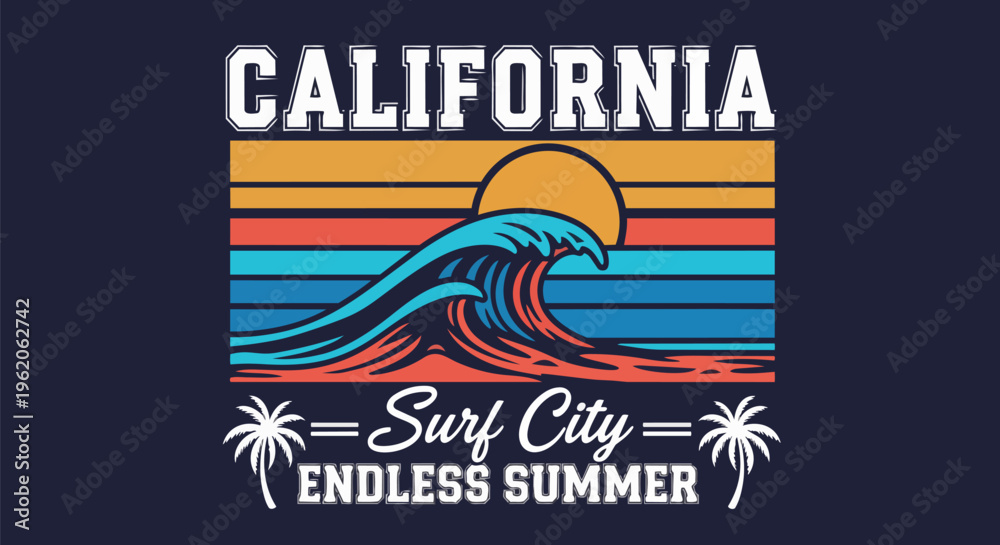 Obraz premium Vibrant Wave with Sunset Detail, perfect for travel promotions, summer event branding, and surfing apparel design.