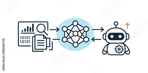 Digital machine learning workflow within a modern research setting aimed at structuring information and generating improved outputs, a compact neural node cluster icon connected to
