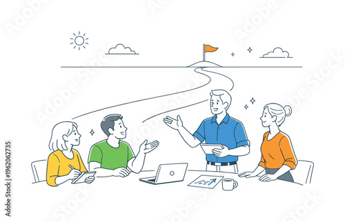 Entrepreneurs improving long-term planning visibility and mapping gradual opportunity expansion together during a strategic discussion in a startup meeting area