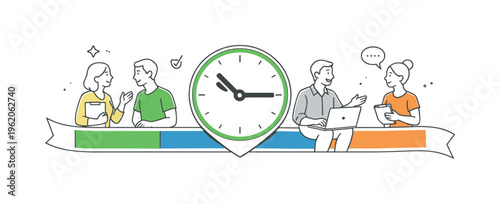 Colleagues maintaining shared awareness of deadlines and pacing work responsibly together during a structured progress check-in in a modern workspace, visual