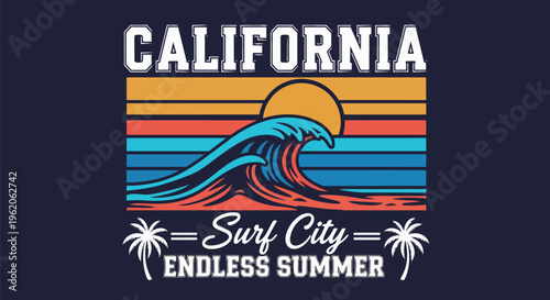 Vibrant Wave with Sunset Detail, perfect for travel promotions, summer event branding, and surfing apparel design.