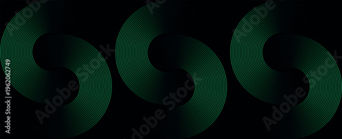 Abstract green glowing geometric lines on gray background. Modern shiny blue circle lines pattern. Futuristic technology concept. Suit for cover, poster, banner, brochure, header, eps 10