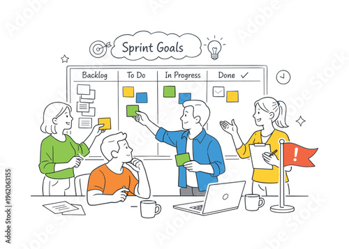 A agile sprint planning and task prioritization scene showing a product team organizing backlog items and defining sprint goals together around a large kanban board and a simple