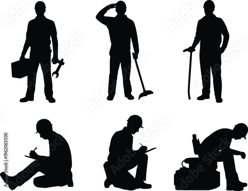 Collection of Male Construction Worker Silhouettes Wearing Hard Hats Using Tools and Writing on Clipboard Isolated on White Background Vector Illustration